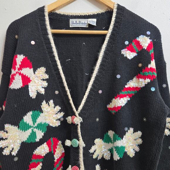 Belle Pointe Womens Vtg 90s Christmas Holiday Candy Sequins Cardigan Sweater L - Picture 2 of 11